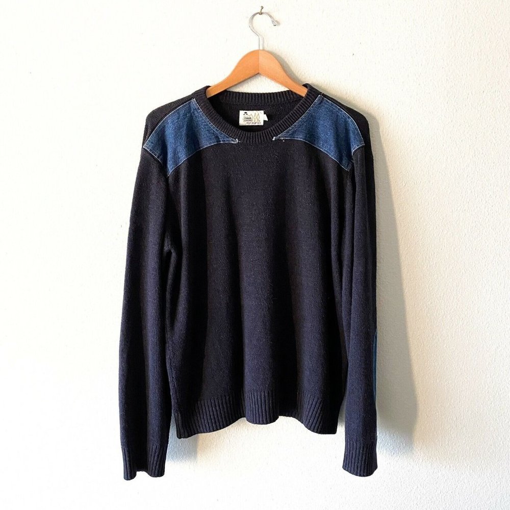 Paul Frank navy blue sweater crewneck denim patched knit M wool blend
